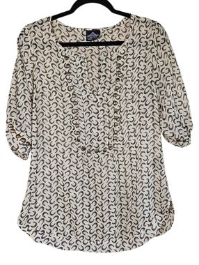 Angie Cream & Black Sheer Horseshoe 3/4 Sleeve Blouse with Brass Stud Detail